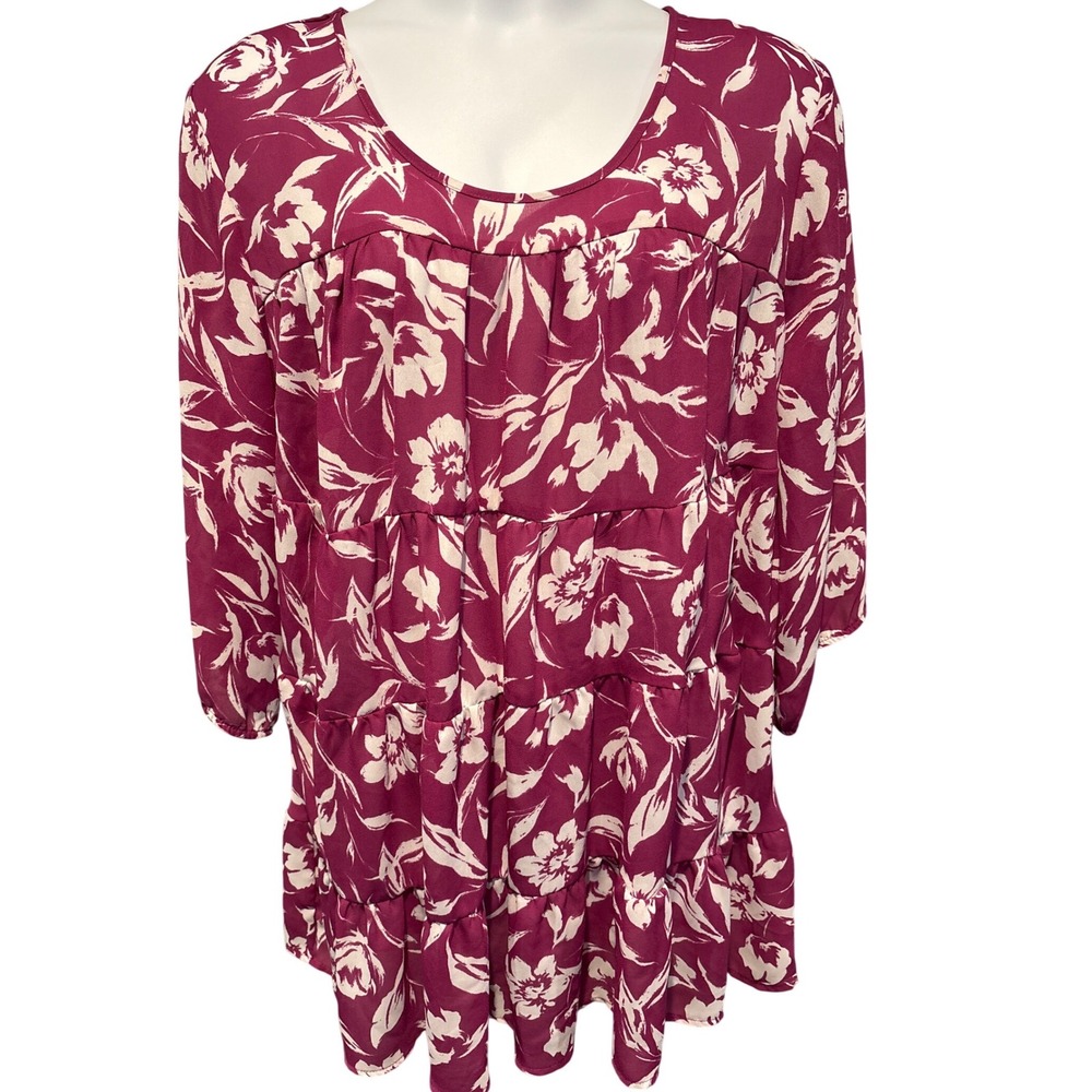 Woman Within Women Magenta Floral Tiered Tunic Top Sz 1X Flowy Casual Femme Boho